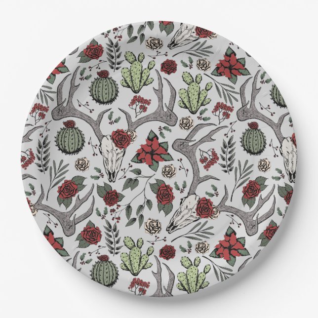 Red and Green Country Cowgirl Christmas Antlers Paper Plate (Front)
