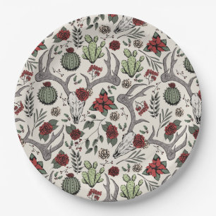 Red and Green Country Cowgirl Christmas Antlers Paper Plate