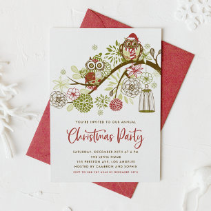 Red and Green Cute Festive Owls Christmas Party Invitation