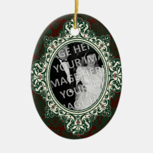 Red and Green Damask Oval Frame First Christmas Ceramic Tree Decoration
