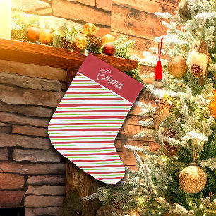 Red and Green Diagonal Holiday Stripes Large Christmas Stocking