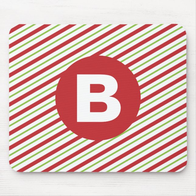 Red and Green Diagonal Pinstripes Monogram Mouse Pad (Front)