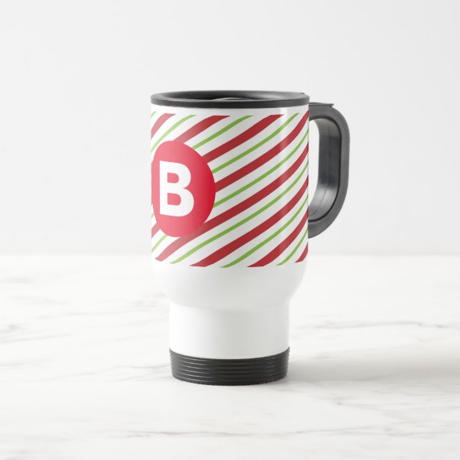 Red and Green Diagonal Pinstripes Monogram Travel Mug (Front Right)