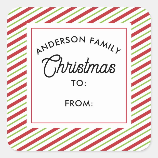 Red and Green Diagonal Stripes Holiday Square Sticker (Front)