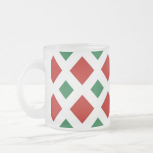 Red and Green Diamonds on White Frosted Glass Coffee Mug