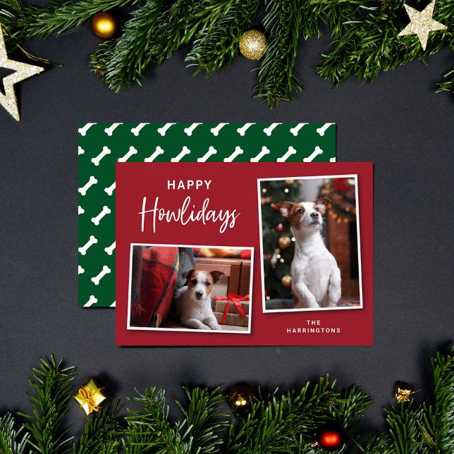 Red and Green Dog Bones Happy Howlidays Photo Holiday Card (Creator Uploaded)