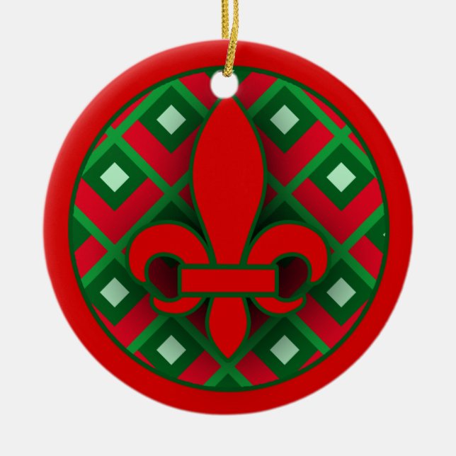 Red and Green Fleur de Lis Christmas Ornament (Front)