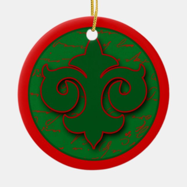Red and Green Fleur de Lis Holiday Ornament (Front)