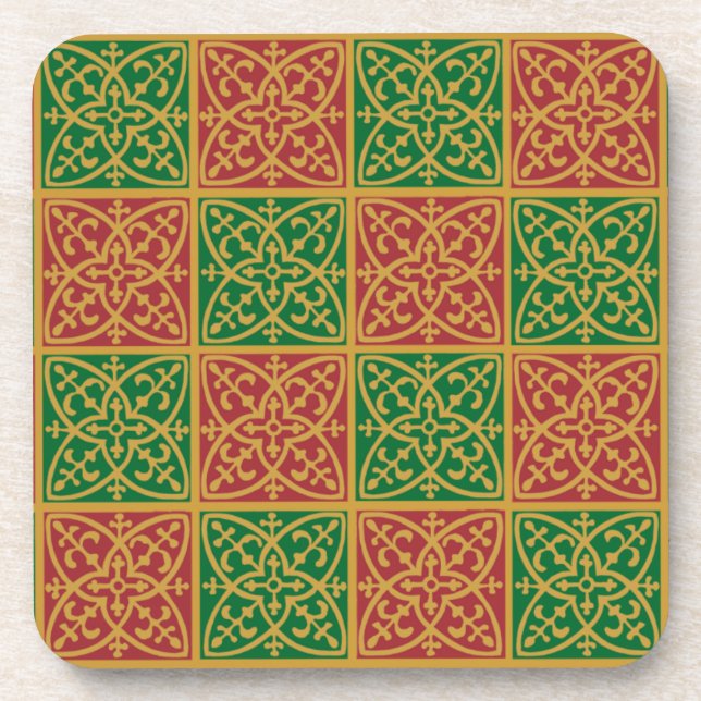 Red and Green Fleur-de-lis Pattern Coaster (Front)