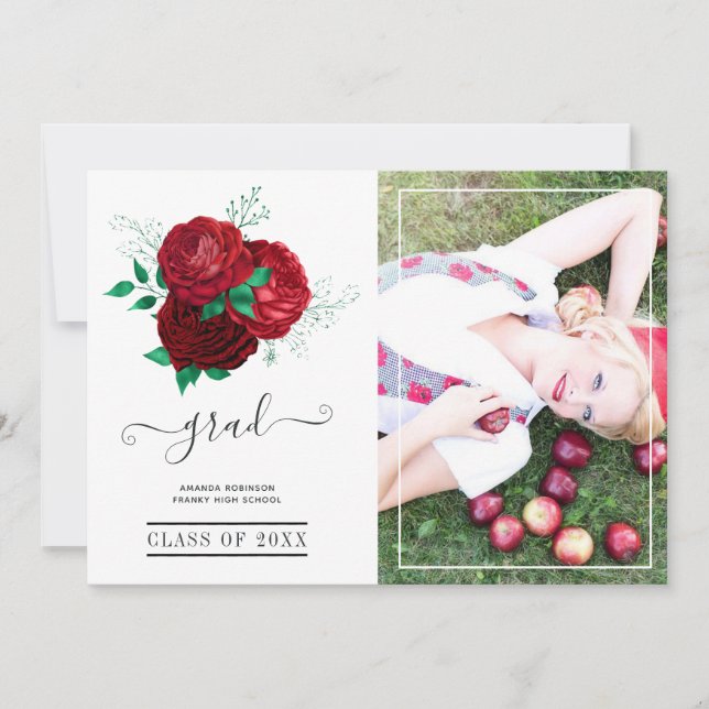 Red and Green Floral Graduation Photo Announcement (Front)