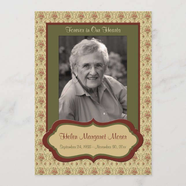 Red and Green Floral Memorial Card with Photo (Front)