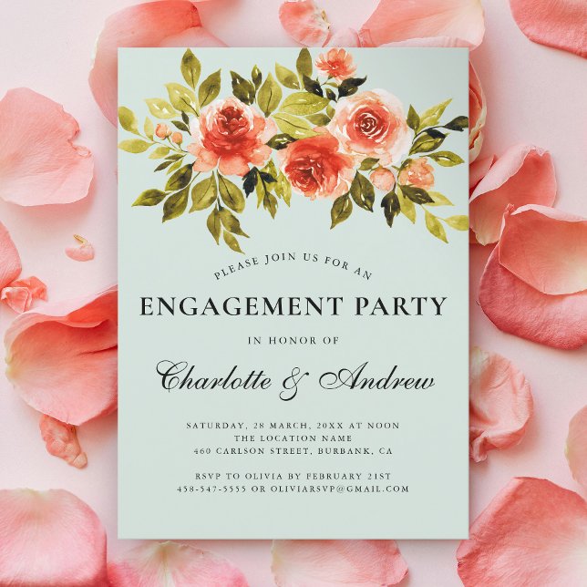 Red and Green Floral Watercolor Engagement Party Invitation (Creator Uploaded)