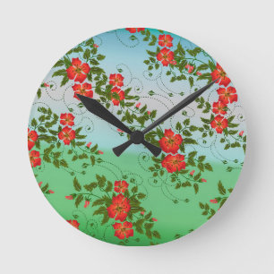 Red and Green Flower Pattern Round Clock