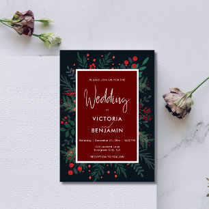 Red and Green Foliage Elegant Christmas Wedding Invitation