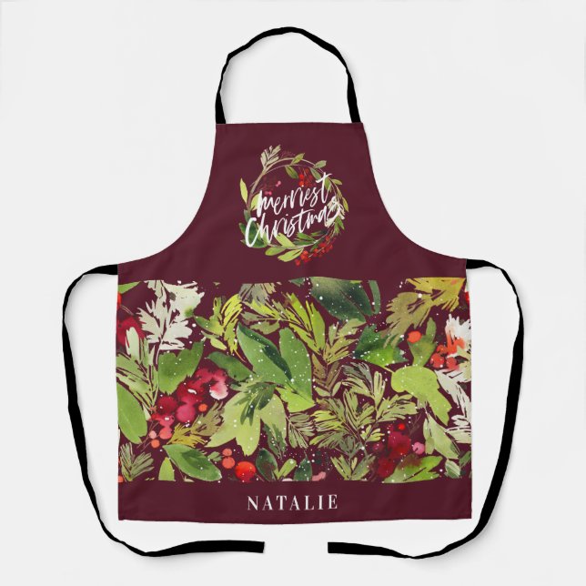 Red and green foliage wreath Christmas holiday Apron (Front)