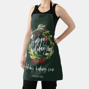 Red and green foliage wreath Christmas holiday Apron
