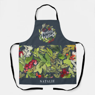 Red and green foliage wreath Christmas holiday Apron