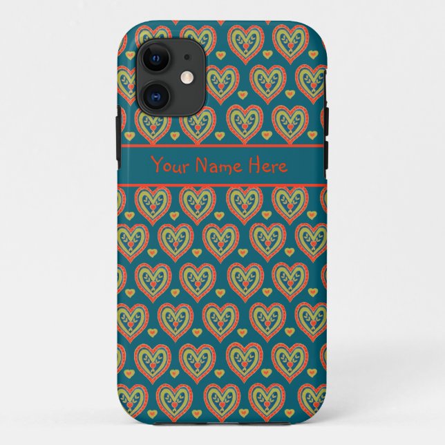 Red and Green Folk Art Style Hearts on Dark Teal Case-Mate iPhone Case (Back)