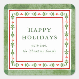 Red and Green Folk Inspired Happy Holidays Square Sticker
