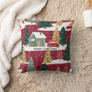 Red and Green Forest Christmas Village Cushion