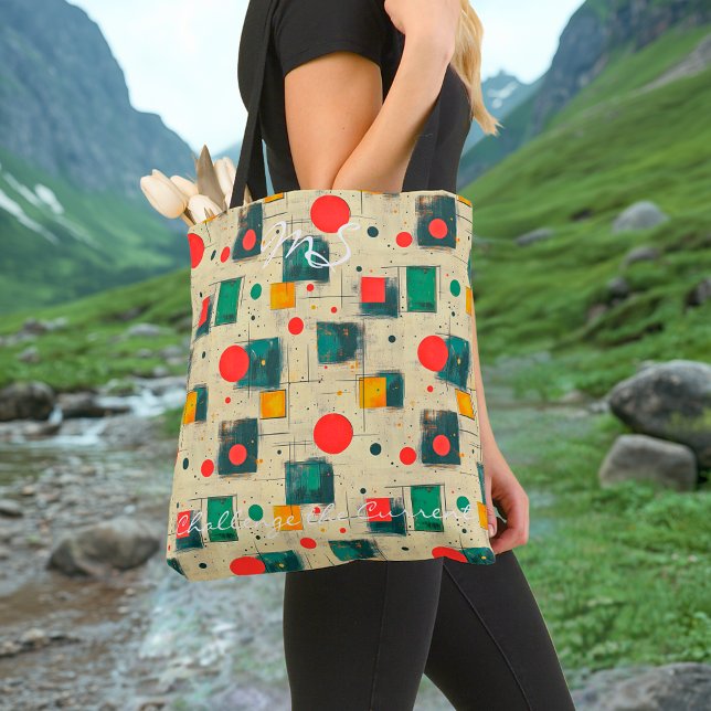 Red and Green Geometric Art with Circles & Squares Tote Bag (Creator Uploaded)
