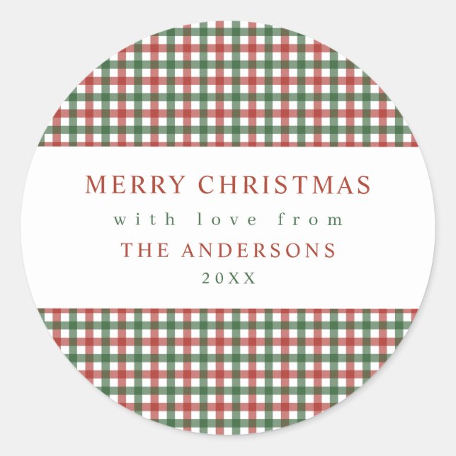 Red and Green Gingham Christmas Classic Round Sticker (Front)