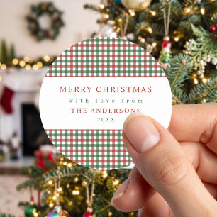 Red and Green Gingham Christmas Classic Round Sticker
