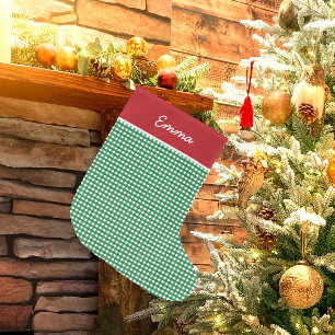 Red and Green Gingham Name Monogram Large Christmas Stocking