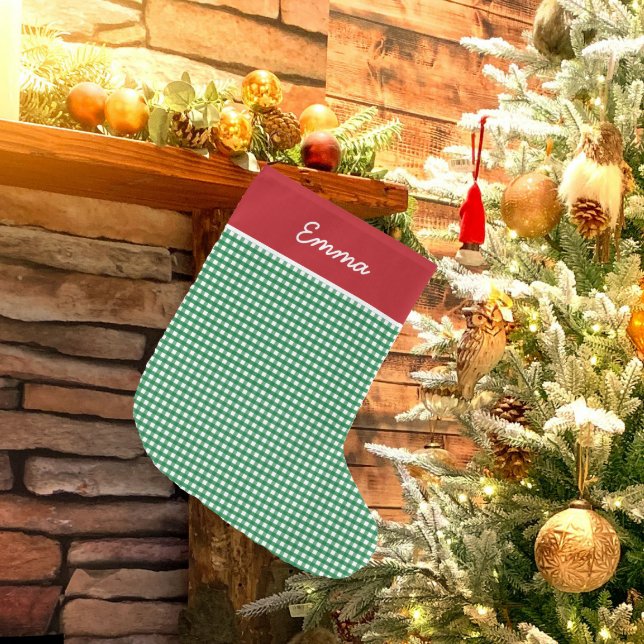 Red and Green Gingham Name Monogram Large Christmas Stocking (Creator Uploaded)
