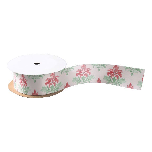 Red and Green Grandmillennial Christmas Damask Satin Ribbon (Spool)