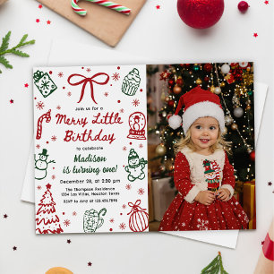 Red and Green Hand Drawn Christmas Birthday Photo Invitation