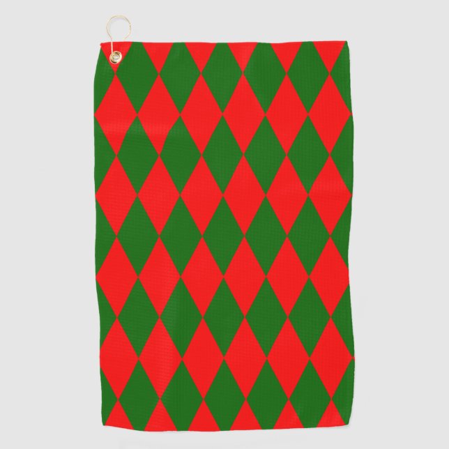 Red and Green Harlequin Checkered Design  Golf Towel (Front)