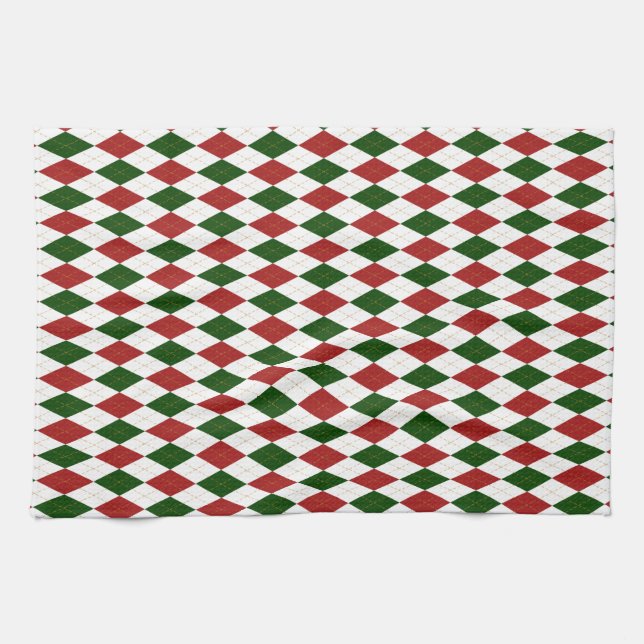 Red and Green Harlequin Diamond Argyle Tea Towel (Horizontal)