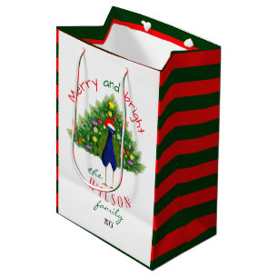 Red and Green Holiday Christmas Tree Peacock  Medium Gift Bag