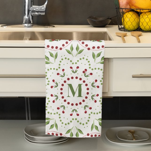 Red and Green Holiday Monogram Custom Tea Towel (Simple monogram Holiday greenery mandala kitchen towel.)