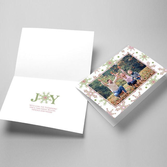 Red and Green Holiday One Photo Typography  Card (Christmas photo card with a whimsical colorful snowflake design. Joy Typography.)