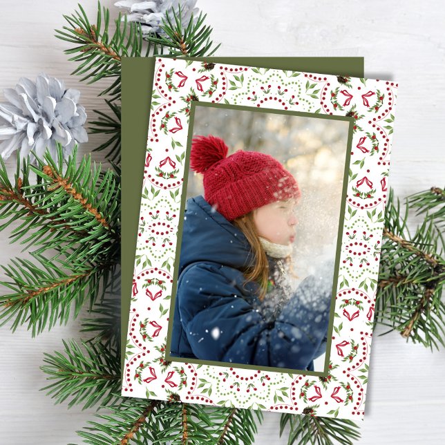Red and Green Holiday Pattern Custom Photo (Merry Christmas photo card with a vertical photo layout.)