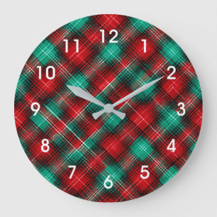 Red and green holiday plaid large clock