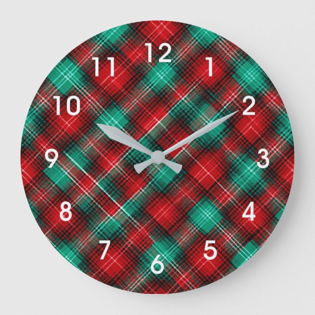 Red and green holiday plaid large clock (Front)