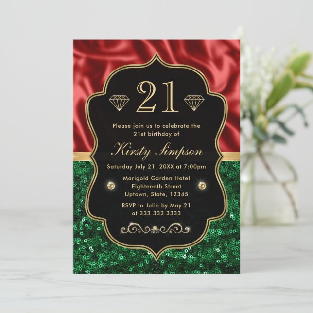 Red and Green Holiday Shimmer Birthday Invitation (Standing Front)
