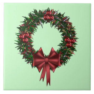 Red and Green Holiday Wreath Decorative Tiles
