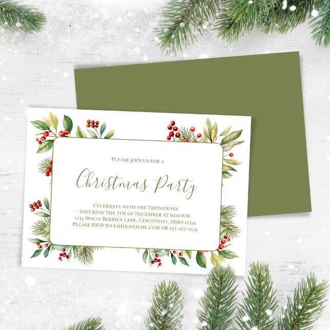 Red and Green Holly Berries Christmas Party Holiday Card (Celebrate the Holidays in style with watercolor greenery and holly berries. )
