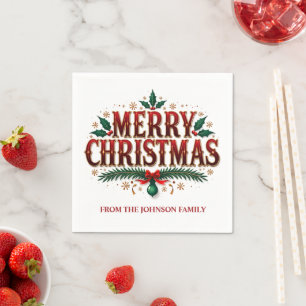 Red and Green Holly Border Merry Christmas Napkin