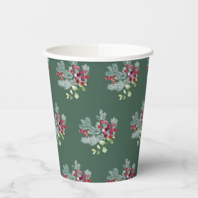 Red and Green | Holly Christmas Foliage Botanical Paper Cups (Left)