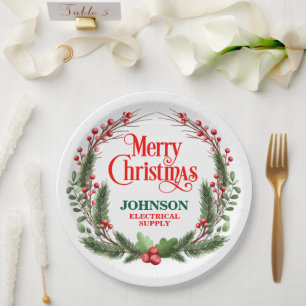 Red and Green Holly Christmas Office Party Paper Plate