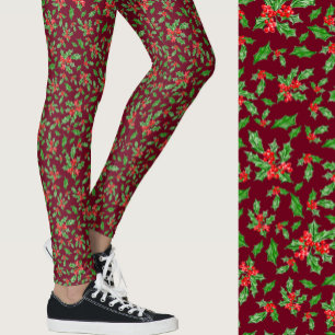Red and green holly Christmas Patterned Leggings