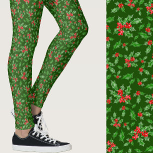 Red and green holly Christmas Patterned Leggings