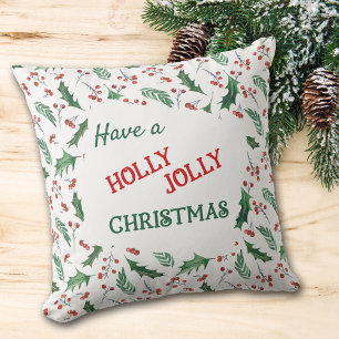 Red and Green Holly Jolly Christmas Pattern Cushion