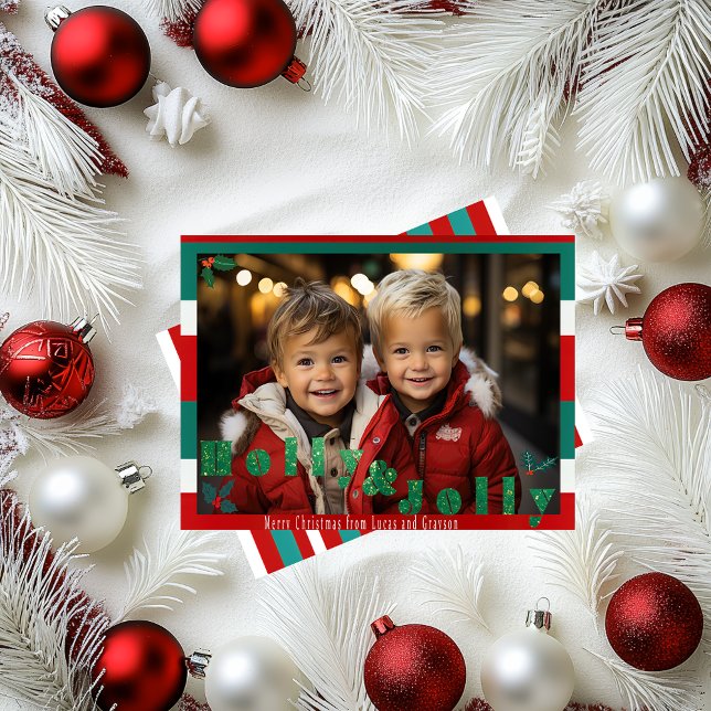 Red and Green 'Holly & Jolly' Christmas Photo Holiday Card (Cheery Striped Red and Green Christmas Photo Greeting Card)
