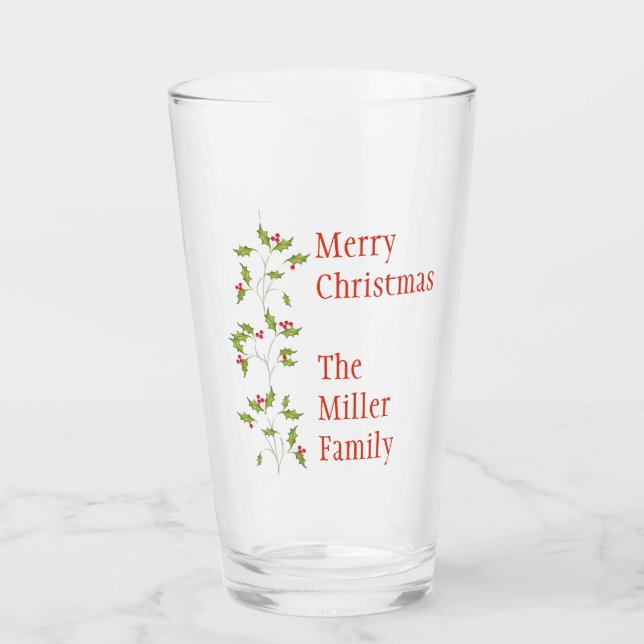 Red and Green Holly Merry Christmas Custom Glass (Front)